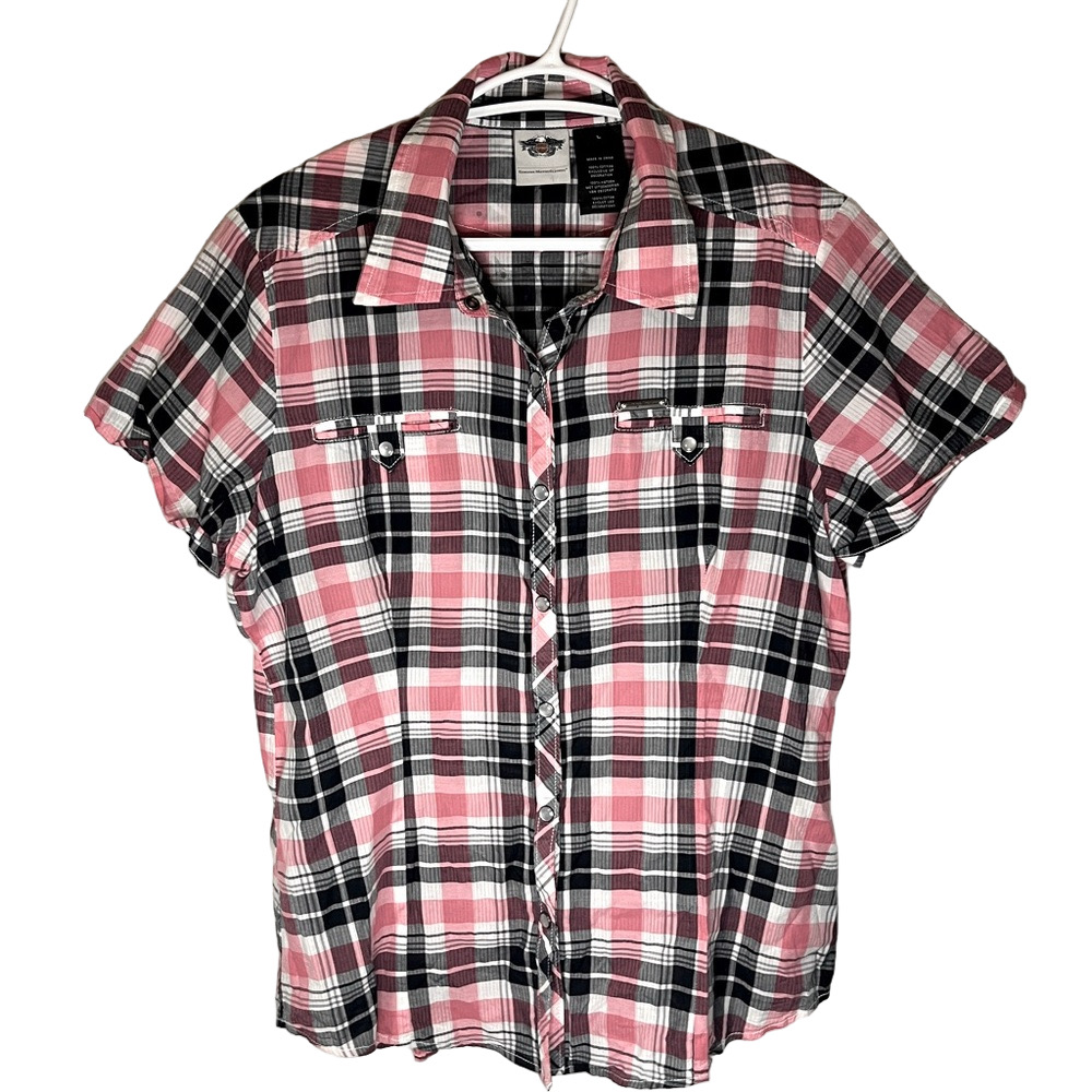 Harley Davidson Pink and Black Button Down Cotton Shirt Large